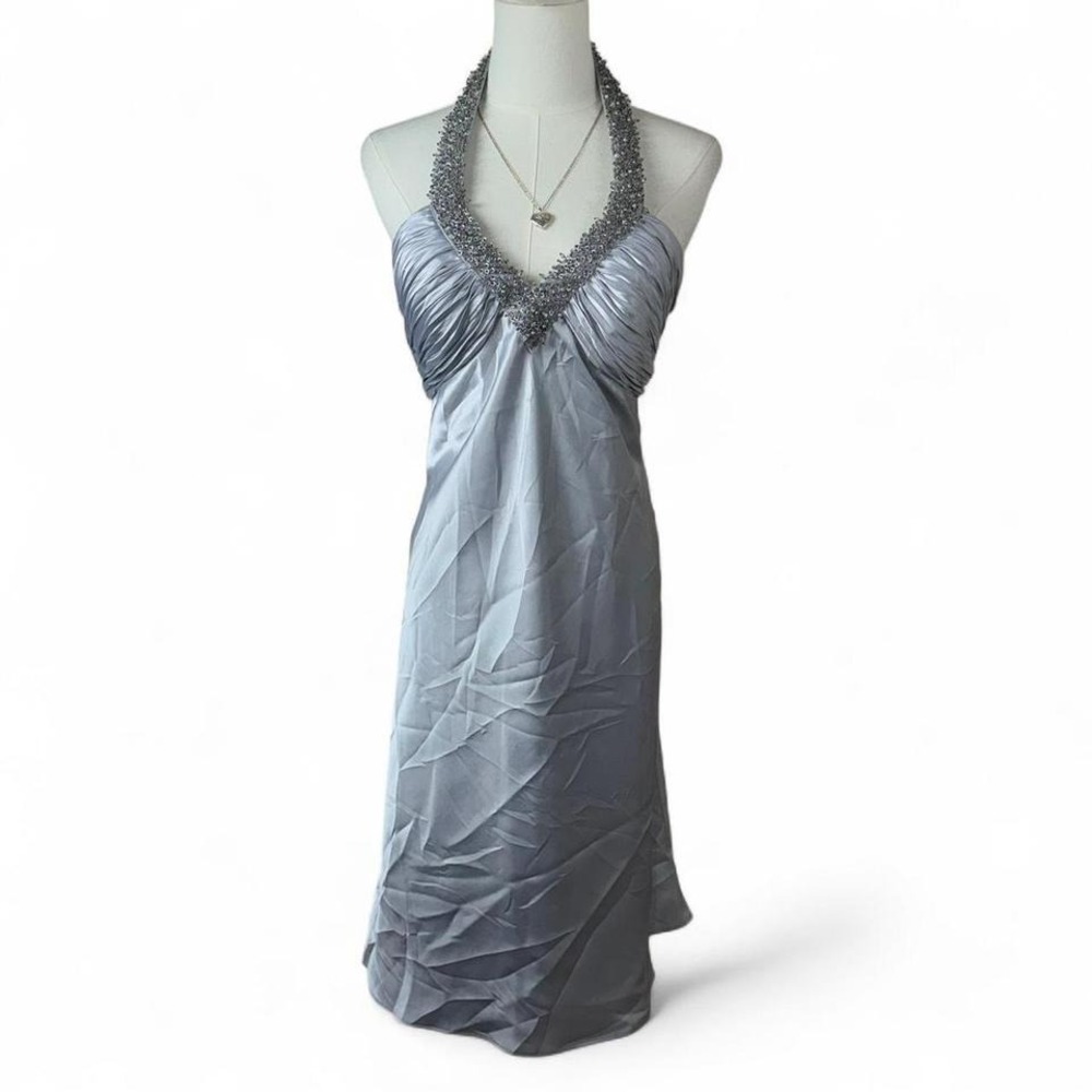 y2k icy silver satin beaded halter mini dress